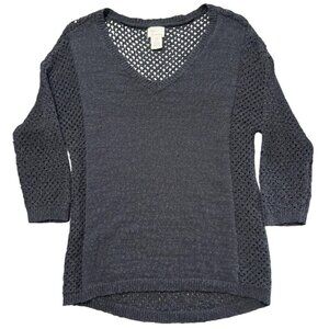 AJ Andrea Jovine Black Open‎ Knit Sweater Top V-Neck Tunic